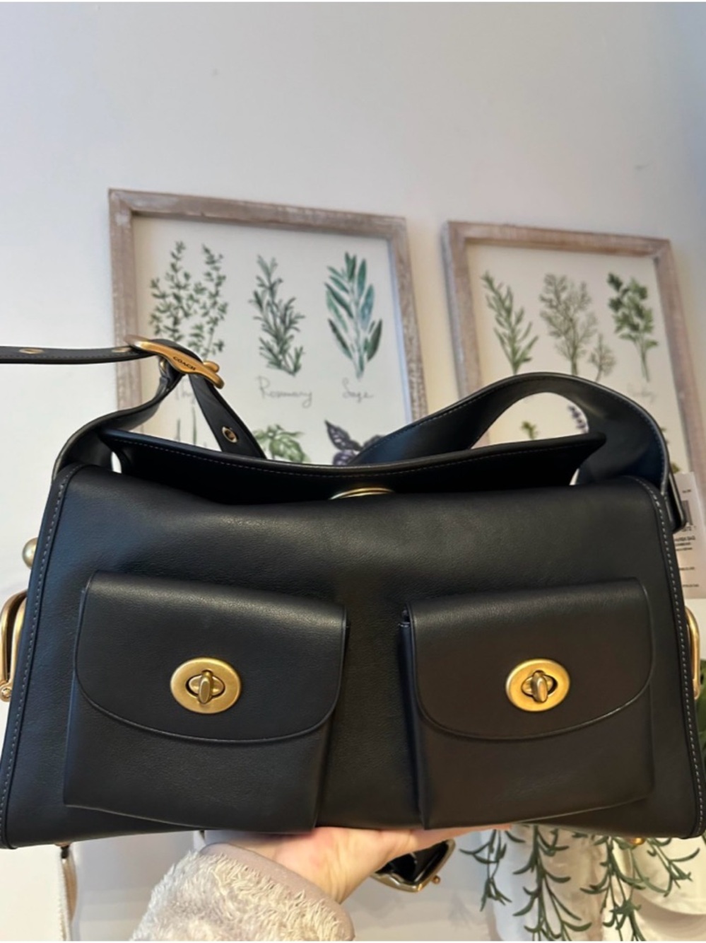 Classic coach haversack Black Leather Shoulder Bag with Gold Hardware